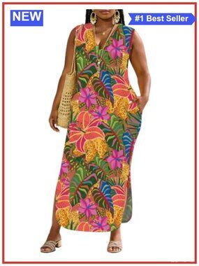 Women's Plus Size Maxi Dress Sleeveless V-Neck Side Slit Pockets
